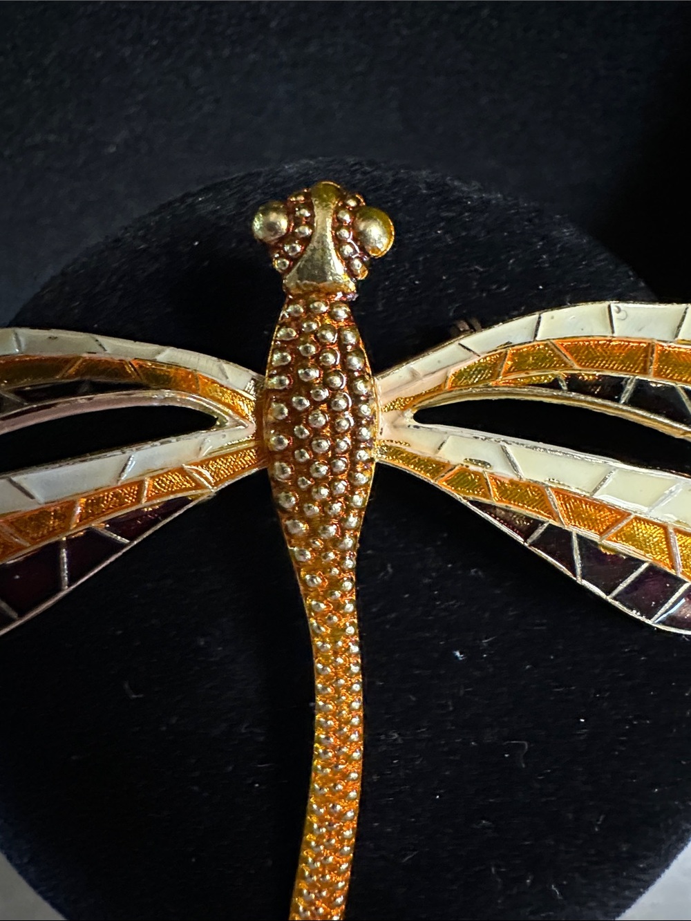 Vintage Gold Tone Dragonfly Brooch with Amber and Cream Enamel - Picture 12 of 16
